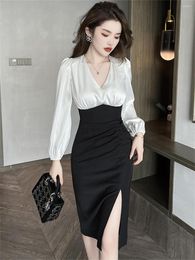 Casual Dresses Bodycon Satin V-neck Split Women Dress 2023 In Patchwork Long Sleeve Slim Elegant Lady Office Party