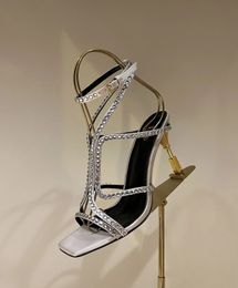 Summer Luxury Moneta Sandals Shoes Women Crystal Strappy Cross Calf Suede Golden Engraved Heel Party Wedding Pumps Gladiator Sandalias EU35-42 Original Box