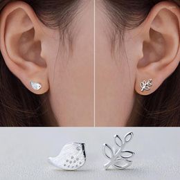 Stud Earrings 1 Pair Women Lovely Bird & Branch Brushed 925 Sterling Silver Ear