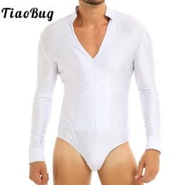 Stage Wear Mens Shiny Rhinestones Latin Tango Dance Shirt Leotard Ballroom V-Neck Dancing Costume Bodysuit