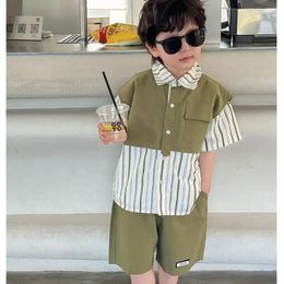 Clothing Sets 2-9Y Kids Boys' Short Sleeved Patchwork Striped Two-piece Set For Summer 2023 Blazer Outfit Handsome Boy Baby Clothes