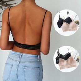 Yoga Outfit Sexy Backless Bra Lace Deep U Low Back Bralette Thin Cup Brassiere Halter Soft Seamless Elastic Underwear Tank Tops Encaje Mujer