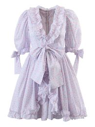 Dresses YENKYE Vintage Women Sweet Bow Ruffle Lavender Floral Print Dress Sexy V Neck Puff Sleeve Female Holiday Party Dresses Short