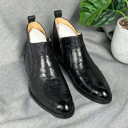 Boots Authentic Real True Ostrich Skin Goodyear Craft Men's Classic Short Black ZIP Genuine Exotic Leather Male Winter Shoes