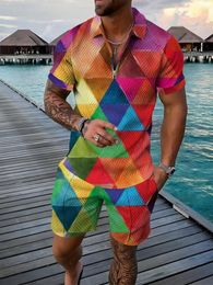 Men's Tracksuits Suit 3d Printed Street Fashion Wear Match Casual Color Contrast POLO Zipper Lapel Shirt Short Sleeve Two-piece Set