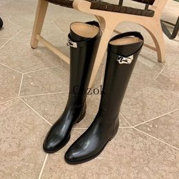 Coscia alta 965 stivali marroni donne marroni in pelle vintage tallone ginocchia ginocchia mantieni scarpe thround toe in stile britannico 231124
