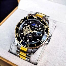 Wristwatches Fashion Tourbillon Moon Phase Mechanical Watches Luminous Dial Rotating Bezel Luxury Automatic Mens Watch Stainless Steel Strap
