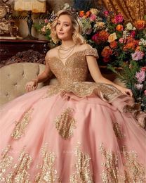 Rose pink Gold Sequin Appliques Quinceanera Dresses Off Shoulder princess Birthday Lace-Up corset Sweet 16 Dresses vestidos