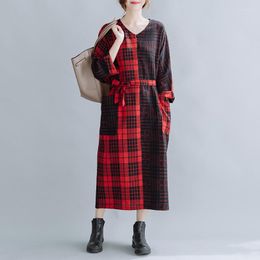 Casual Dresses Patchwork Plaid Print Pockets Loose Autumn Dress Cotton Linen Belt Vintage Office Lady Work Women Spring Midi