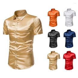 Men's Casual Shirts Summer Gold Silk Satin Tuxedo Shirt Men Short Sleeve Regular Fit Mens Dance Party Prom Wedding Male