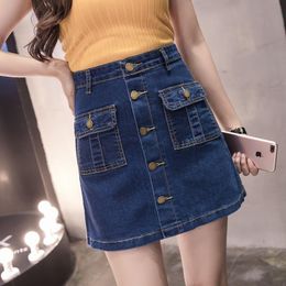 Skirts Girls School High Waist A-line Button Front Single Breasted Women Mini Skirt Summer Pockets Jeans Denim Plus Size