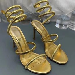 Rene caovilla Golden Sandals Rhinestones embellished Metallic cortex Snake Strass stiletto Heel sandals Evening shoes Luxury Designers Wraparound shoe box