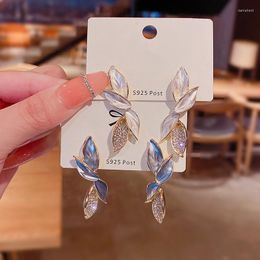 Stud Earrings Long Leaf Colorful Silver Needle Korean Trendy Fresh Golden Zircon Woman Jewelry Party Gift Dangle