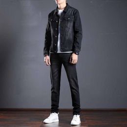 Smart Business Tracksuits Simple Casual Men's Jeans Sets Stretch Slim Multi-pocket Long Sleeve Jacket and Pants 2pcs Set Spring Autumn Size S-5XL