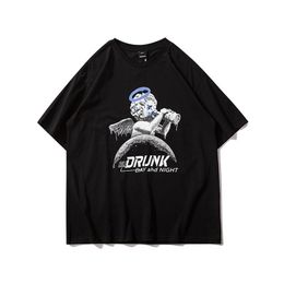 Men's T Shirts 2023 Men Streetwear Harajuku Angel Boy Drunk Print T-shirt Hip Hop Oversize Short Sleeve Cotton Loose Tops Tees Black