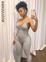 Women's Jumpsuits Rompers BOOFEENAA Comfortable Grey Ribbon Knitted Bodysuit for Autumn Sexy Deep V-Neck Backless C87-CZ20 230425