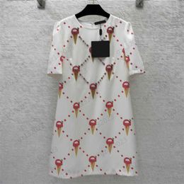 Summer Dresses Ringer Ice Cream Printed Pattern Front Hot Drill Nail Beads Decorative Crewneck Dress Back Zipper Open Joker Slimming Short Sleeves Maxiskit