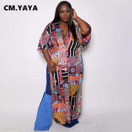 Dresses CM.YAYA Plus size Elegant Women Half Sleeve High Split Slim Maxi Dress 2022 Summer Single Breasted Shirt Style Long Dresses