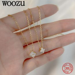 Pendant Necklaces WOOZU 925 Sterling Silver French Cute FourLeaf Flower Pendant Necklaces For Women Luxury Clavicle Chain 14k Gold Plated Jewellery 230426
