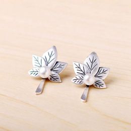 Stud Earrings 925 Thai Silver Ethnic Style Retro Frosting Exquisite Maple Pearl For Women Charm Ear Studs Engagement Jewellery