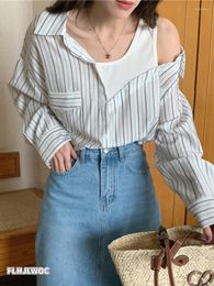 Women's Blouses 2023 Hollow Out Hole Off Shoulder Tops Cute Woman Casual Loose Striped Single Breasted Button Shirts Pink Chic Korea Clothes