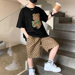 SetsSuits Fashion Boys Summer Kids Black White Short Sleeve TShirt grid Shorts 2Pcs 8 9 10 12 13 Yrs Cotton Clothes 230510