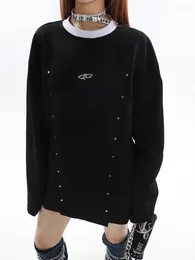 Women's T Shirts Niche Designer High-Grade Rivet Beaded Metal Logo Round Neck Loose Long Sleeves Casual T-shirt Sweater Y2k Top Harajuku