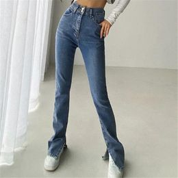 Jeans streetwear pantaloni di bagliori in denim donna ad alta vita vintage blu split jeans donne coreano chic black impilad bottom jeans lunghe femmina