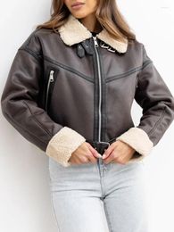 Women's Leather Autumn Winter Women Loose Spliced Faux Lamb Fur Jacket Streetwear Female Warm Retro Zipper Belt Coat Outwear