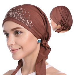 Hijabs Fashion Muslim Headscarf Hat Thin Summer Women Inner Hijab Bonnet Solid Diamond Turban Caps India Head Wrap Hats For Lady 230426