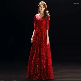 Party Dresses Special Occasion V-Neck A-Line Luxurious Half Sleeves Floral Print Floor-Length Burgundy Lady Formal Gown E1079