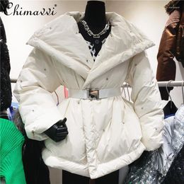 Women's Down 2023 Winter Female Korean Style Large Lapel Belt Slim Waist White Duck Jacket Western Loose Simple Solid Coat