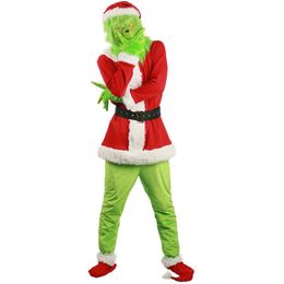 Christmas Green Monster Theme Costume 7PCS Adult Santa Suit Deluxe Furry Green Luxury Outfit