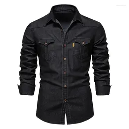 Men's Casual Shirts FANWEILIN Elastic Denim Button Up Shirt Long Sleeve Cowboy Black For Men Slim Fit Mens Clothing Camisa Masculina