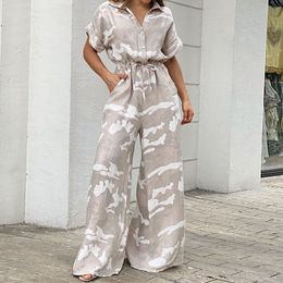 Women's Jumpsuits Rompers Summer Women Camouflage Print Playsuit Fashion Ladies Wide Leg Romper Overalls Casual Waisted Drawstring Lace-up Shirt Jumpsuits 230426