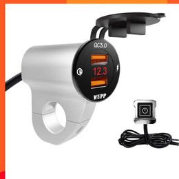 New Aluminium Alloy Waterproof Motorcycles Handlebar Mount SAE to USB Waterproof 12V QC3.0 Dual USB Charger Voltmeter Switch