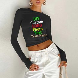 Women's T Shirts 2023 Customised LOGO Text Women's Solid Colour Bottoming Round Leader Mouth Hole T-Shirt Slim And Long-Sleeved Tops