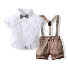 Clothing Sets 1-5years Kids Boys Summer Outfit Suits White Short Sleeve Button Shirt Solid Colour Suspender Shorts Infant Gentleman