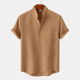 Men's TShirts Retro Shirt Men Cotton Linen Tops Short Sleeve Hawaiian Button Cardigan Blouses Turndown Collar Fashion Breasted Soild Shirts 230425