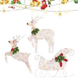 Garden Decorations 3 pcs Led Flasher Reindeer Christmas Tree Ornament For Outdoor Garden Decorations Christmas Snowman Sleigh Car Elk Yard Ornament 231124