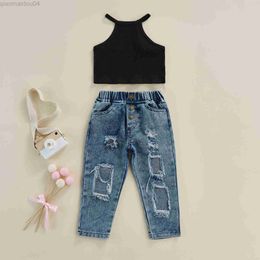 Clothing Sets Girls Clothing Sets New Summer Solid Sleeveless Tank Top+Ripped Jeans 2Pcs for Kids Clothing Sets Baby Clothes Outfits AA230426
