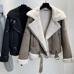 Winter Faux Shearling Sheepskin Leather Coat Women Thickened Warm Suede Lambswool Short Motorcycle Jacket