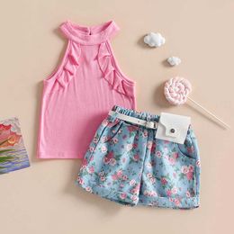 Clothing Sets Toddler Kids Girls Summer Clothes Outfits Sleeveless Ruffle Tank Tops + Floral Shorts With Belted Bag AA230426