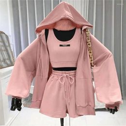 Women's Tracksuits 1 Set Women Coat With Hat Solid Color Long Sleeve Keep Warm Polyester Three Pieces Drawstring Shorts Vest