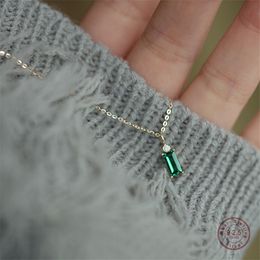Pendant Necklaces 925 Sterling Silver European Simple Square Green Crystal Pendant Clavicle Chain Necklace Women Classic Plating 14k Gold Jewellery 230426