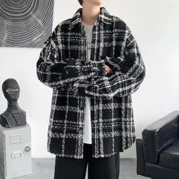 Men's Jackets 2023 Woollen Jacket Fashion Black And White Plaid Long-Sleeved Coat Casual Loose Korean Retro Outerwear Streetwear 3Xl