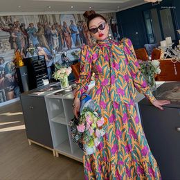 Sıradan Elbiseler Kadın Uzun Kollu Elbise 2023 Kabarcık Kolu Çiçek Baskı Yüksek Bel Büyük Salıncak Uzun