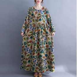 Casual Dresses Vintage Autumn Dress 2023 Arrival Print Floral Plus Size Loose Women Cotton Linen Long Maxi Spring