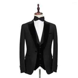 Men's Suits Men Black Blazer Wedding Elegant Outfits Single Breasted Velvet Peaked Lapel Green Navy Blue Slim FIt Jacket Pants Vest