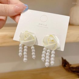 Dangle Earrings GSOLD French Style Gentle White Fabric Rose Flower For Women Sweet Imitation Pearl Tassel Temperament Jewellery